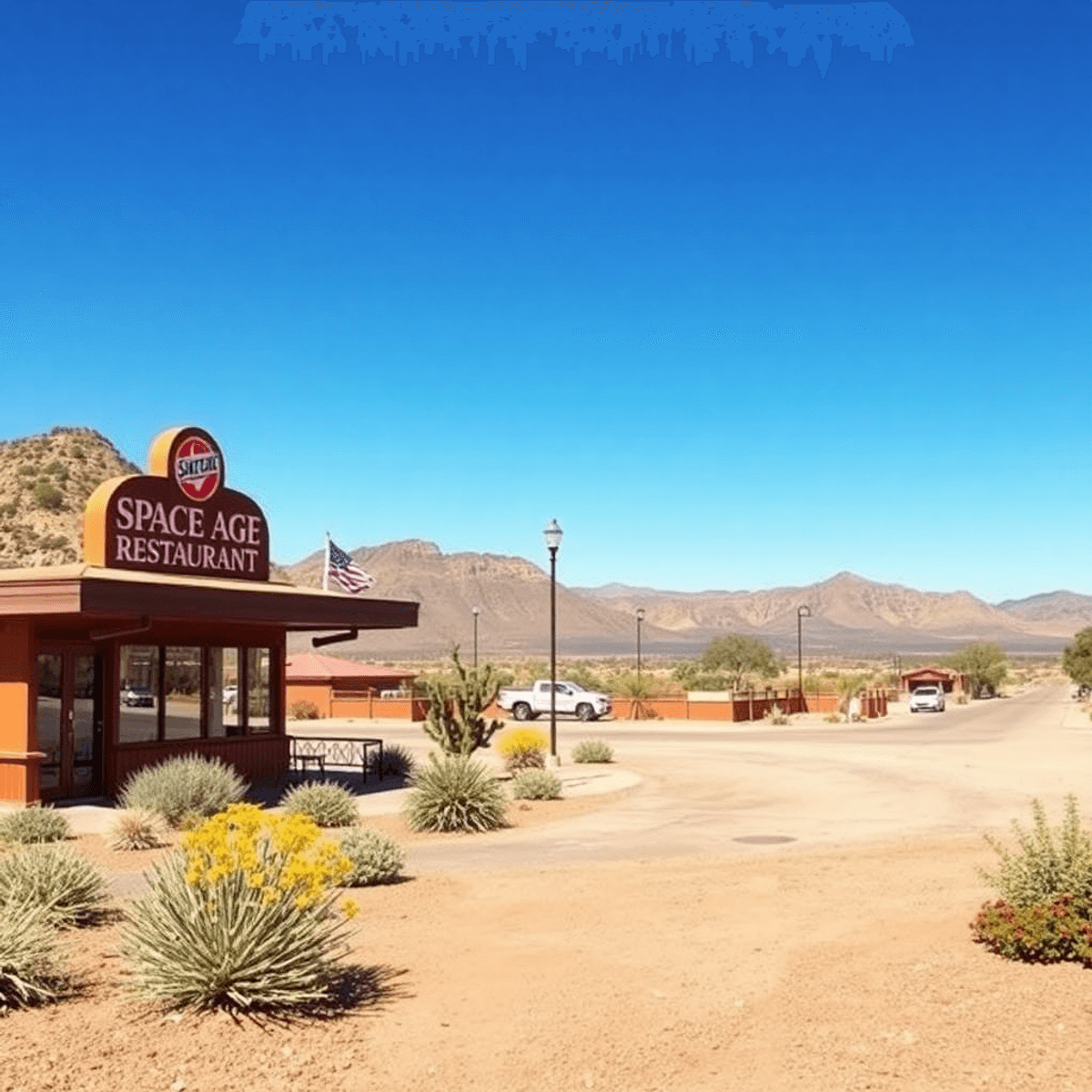 A scenic view of Gila Bend, Arizona, showcasing the Space Age Restaurant amidst desert flora and a clear blue sky, reflecting small-town charm and ...