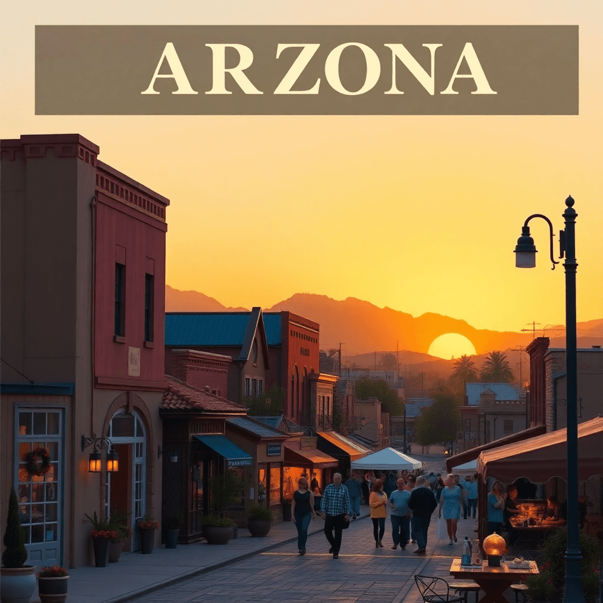 A picturesque small town in Arizona at sunset, showcasing quaint buildings and a lively outdoor market with people enjoying the community atmosphere.