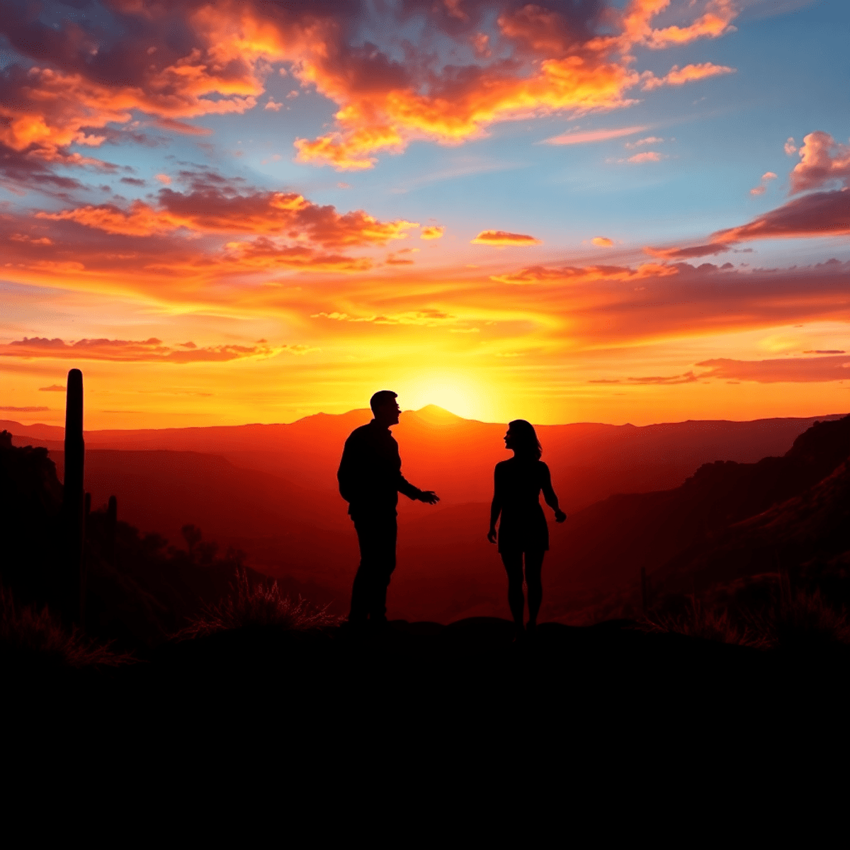 A vibrant sunset casts colors over Arizona landscapes, with silhouettes of couples hiking and biking, capturing the spirit of adventure and romance...
