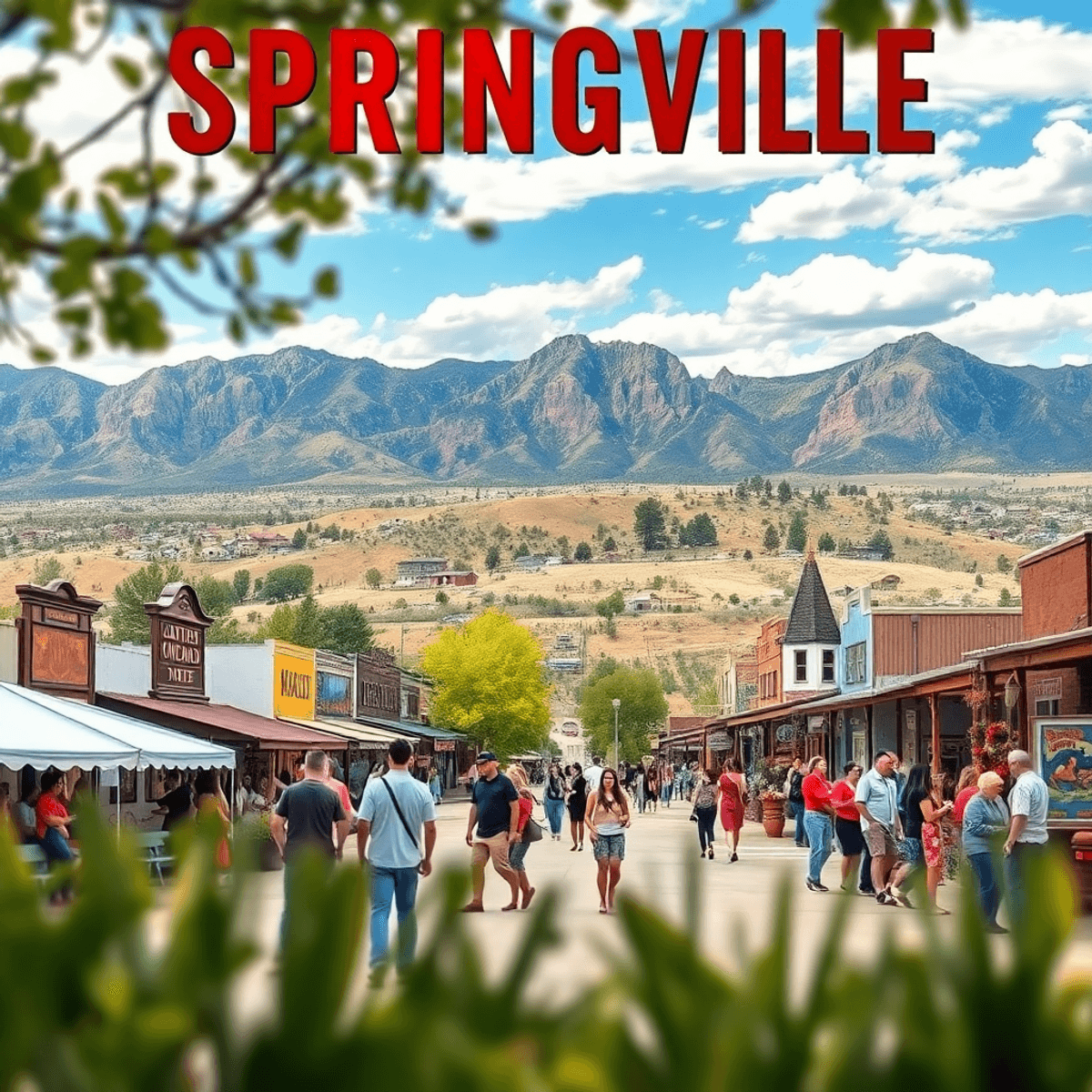 A scenic view of Springerville, Arizona, featuring mountains, community events with people mingling outdoors, and vibrant local art displays, captu...