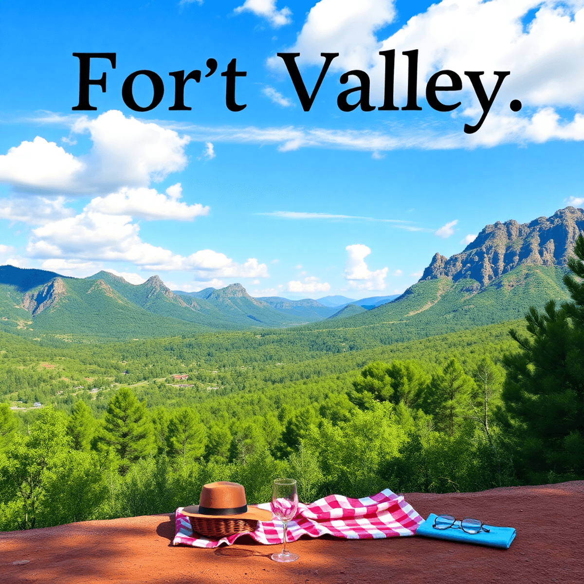A scenic view of Fort Valley, Arizona, featuring lush greenery and blue skies, with a heart shape subtly integrated into the landscape and a romant...