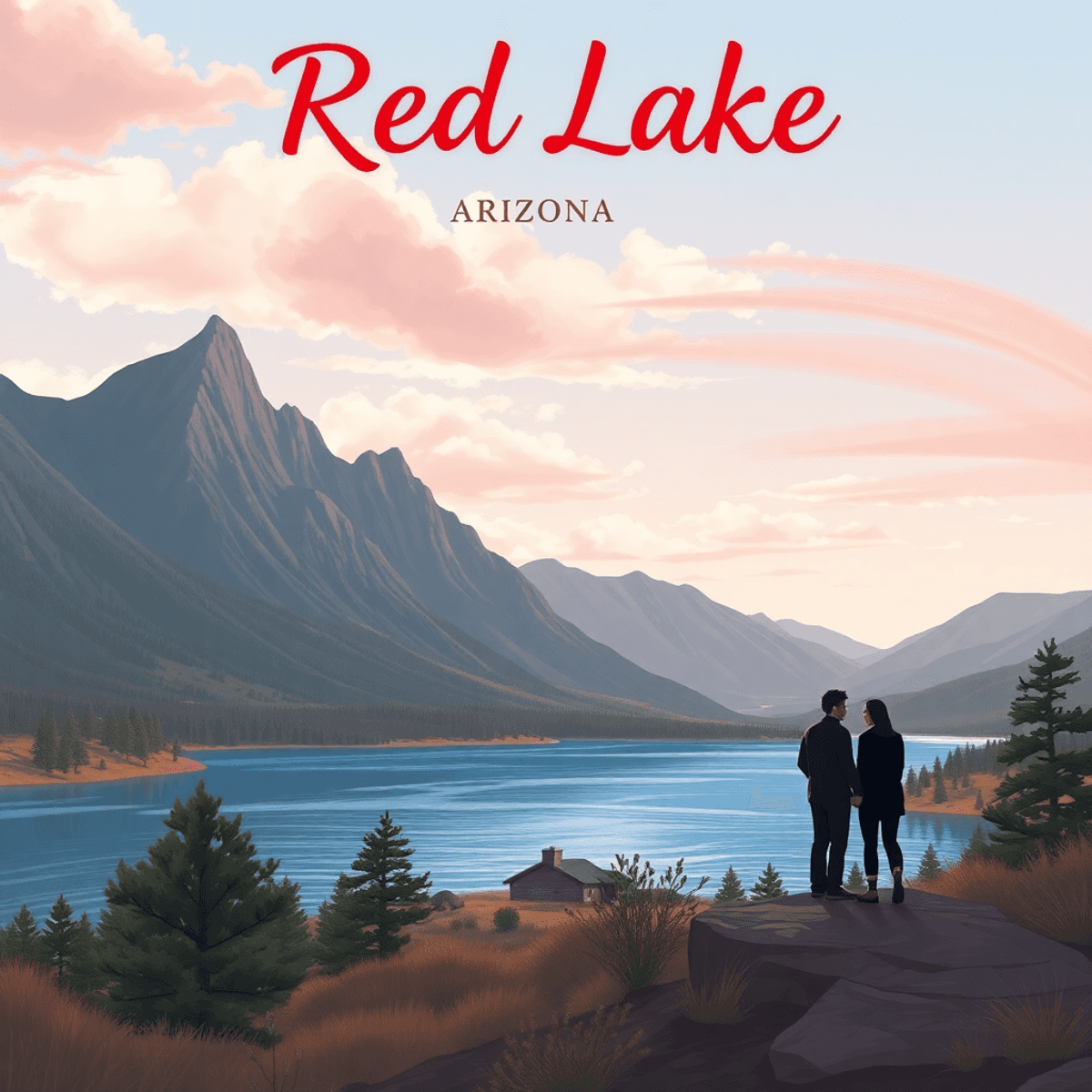 A scenic view of Red Lake, Arizona, showcasing mountains and a serene lake, with a heart-shaped rock formation and a couple's silhouette in the dis...