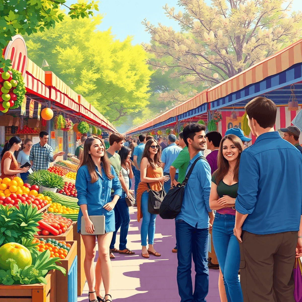 A lively farmers market in Centennial Park, Arizona, featuring colorful stalls of fresh produce and artisanal goods, with cheerful people chatting ...