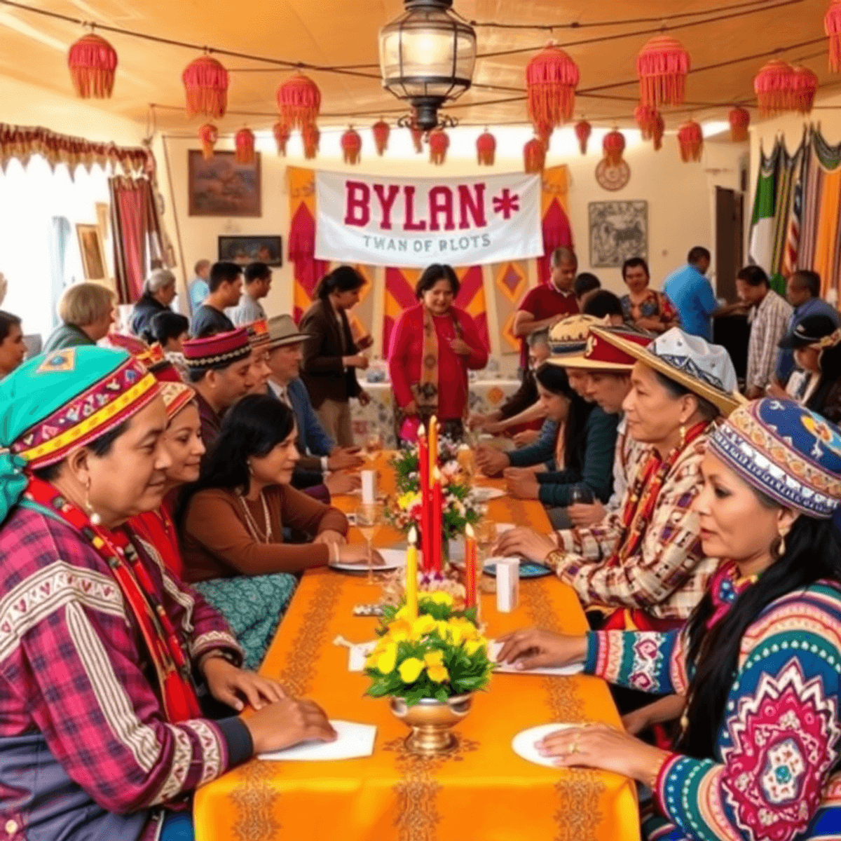 A lively community gathering in Bylas, Arizona, featuring colorful traditional attire, local art, and festive decorations, highlighting rich herita...