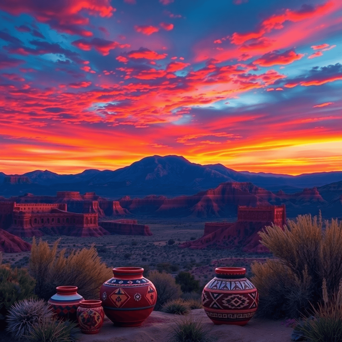 A breathtaking sunset over the Lukachukai Mountains, with vibrant colors and traditional pottery and textiles in the foreground, highlighting cultu...