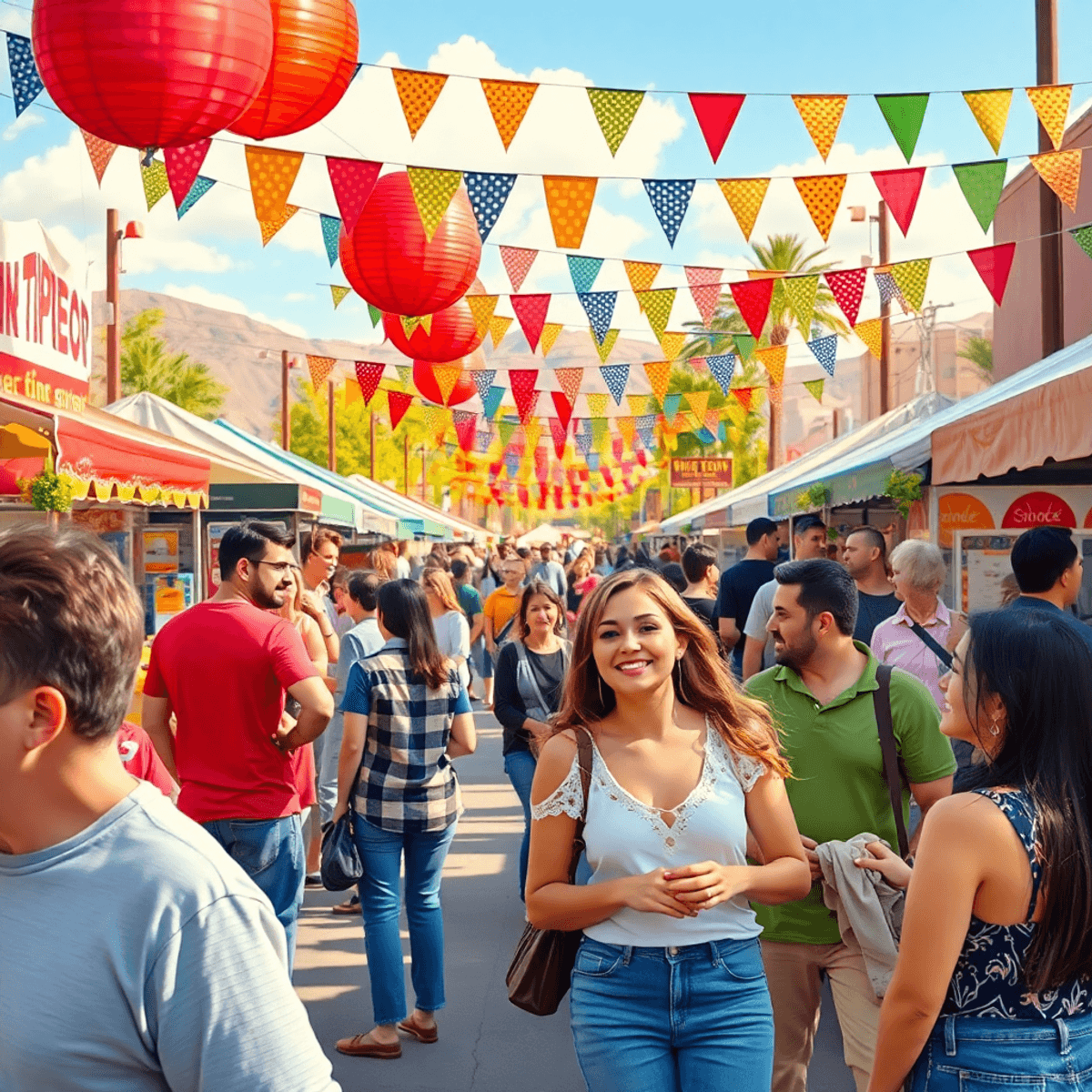 A vibrant local festival in Superior, Arizona, filled with colorful decorations, food stalls, outdoor seating, and festive banners. People joyfully...