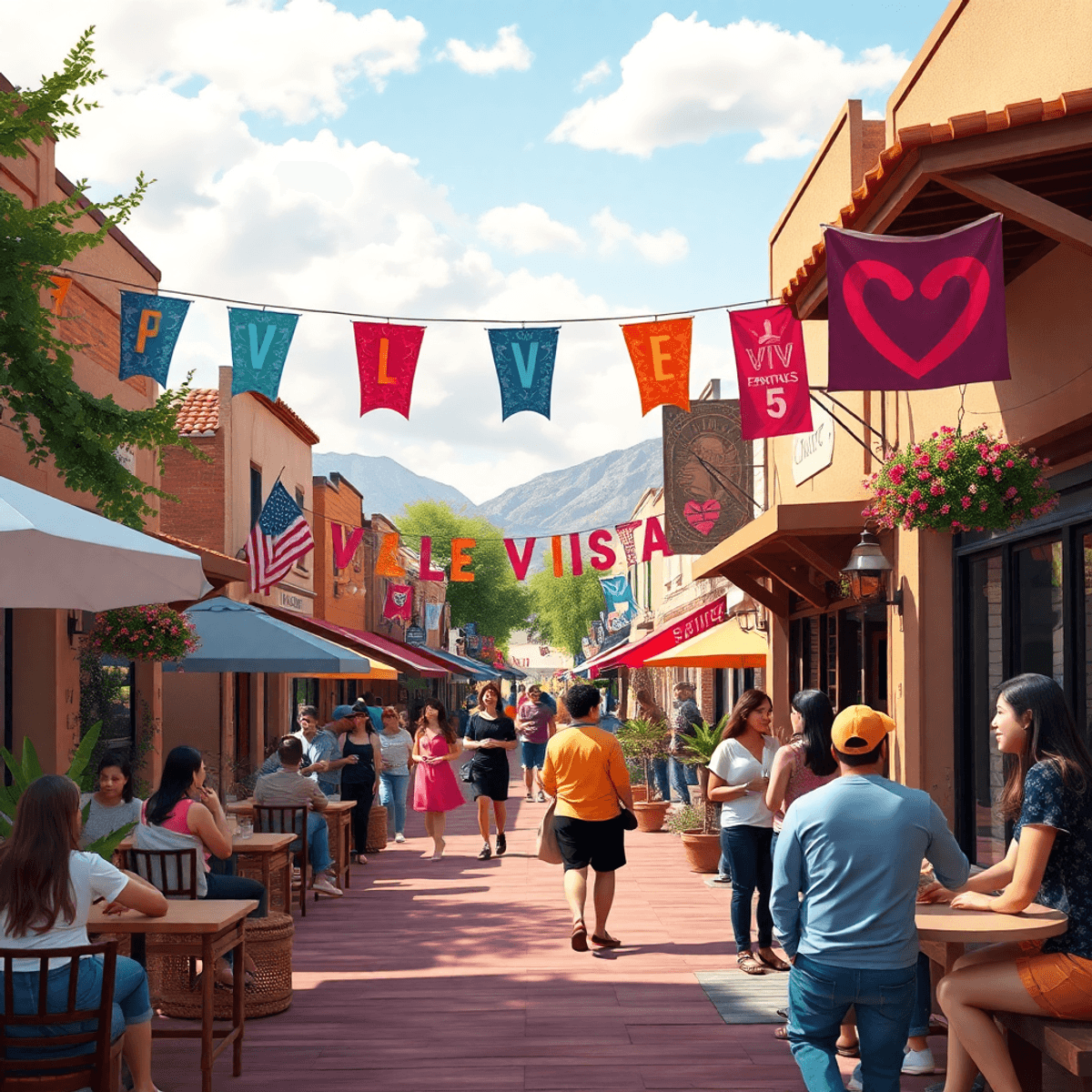 A vibrant small-town street in Valle Vista, Arizona, featuring outdoor seating, colorful event banners, and singles enjoying activities in a warm, ...