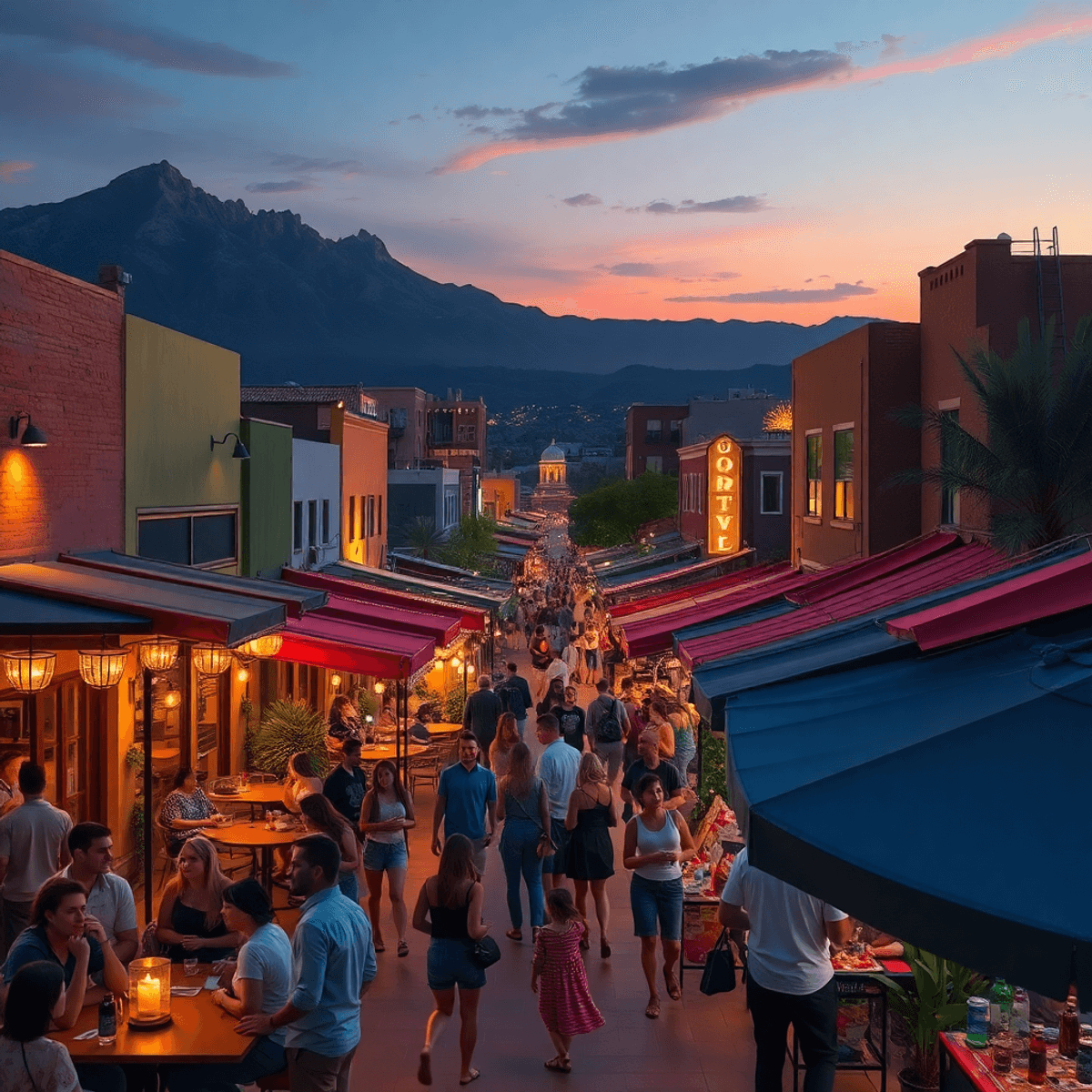 A vibrant Tucson cityscape at night, bustling with people enjoying craft cocktails and live music, featuring rooftop lounges, cozy cafes, and color...