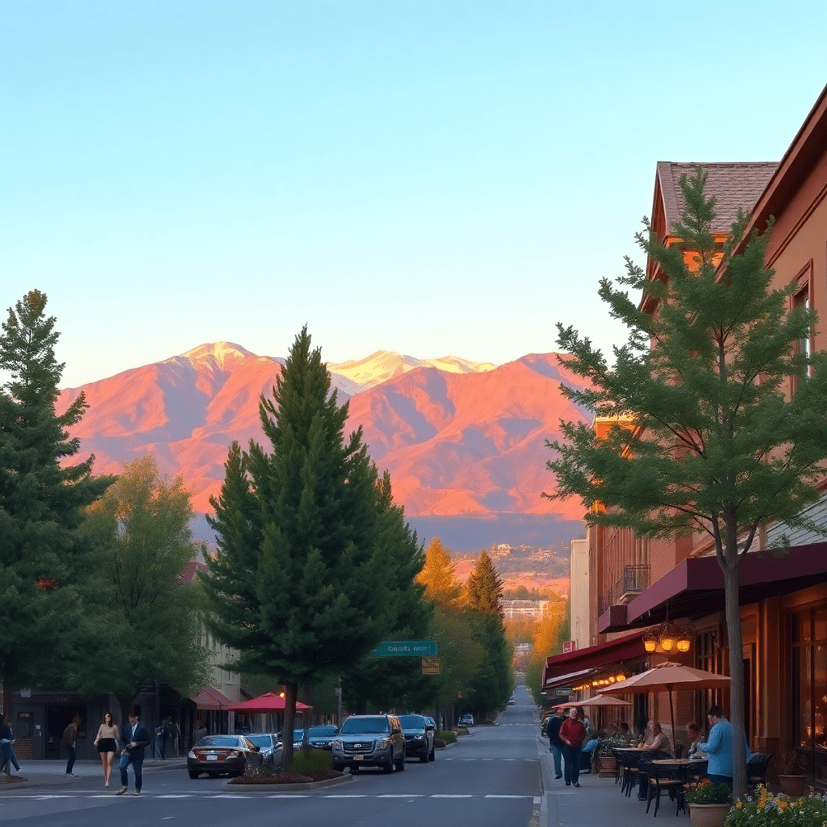 A scenic view of Timberline-Fernwood in Flagstaff, Arizona, with tree-lined streets, cozy cafes, and warm sunset hues creating a romantic and invit...