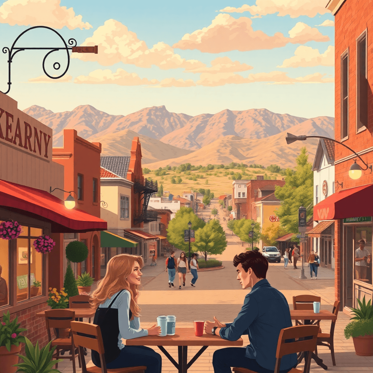 A cozy café in Kearny, Arizona, surrounded by warm colors, with couples enjoying each other's company and local landmarks, evoking romance and comm...
