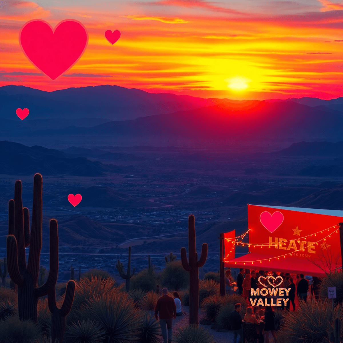 A vibrant sunset over Mohave Valley with cacti and mountains, subtly incorporating hearts and festive lights to symbolize dating and community gath...