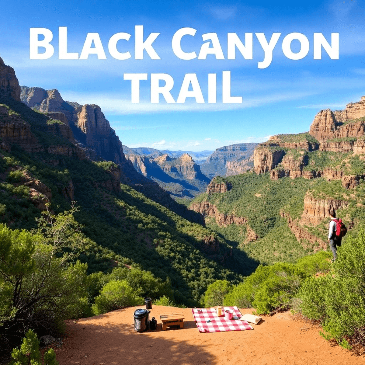 A scenic view of the Black Canyon Trail in Arizona, featuring lush greenery, a clear blue sky, hiking trails, and a cozy picnic setup for outdoor d...