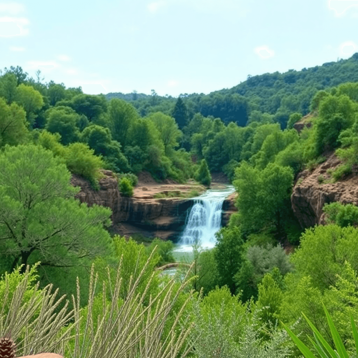 A scenic view of Cibecue Falls with lush greenery and traditional decorative patterns in the foreground, evoking community and outdoor connection i...