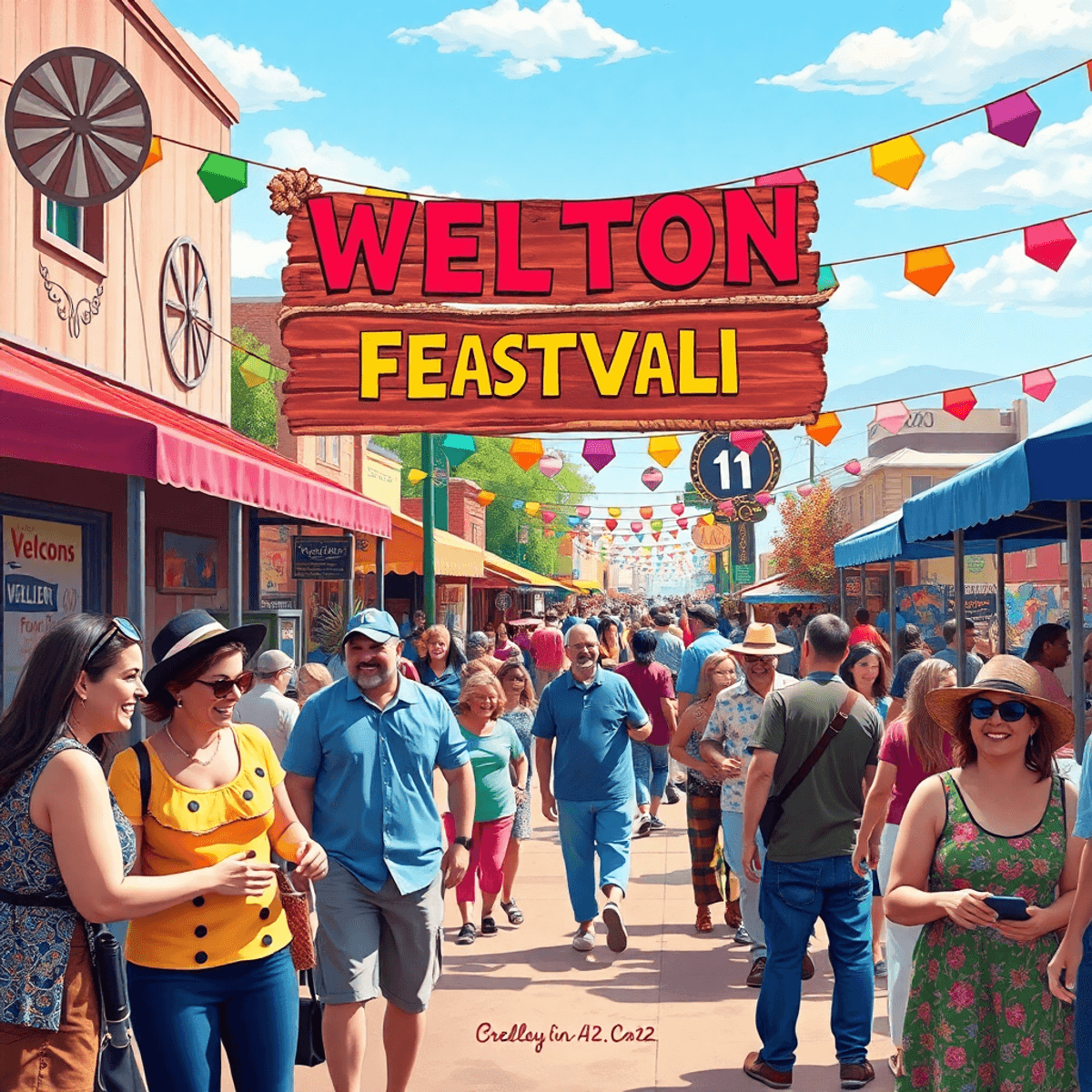 A lively small-town festival in Wellton, Arizona, with colorful decorations and people enjoying outdoor activities, creating a warm and inviting co...