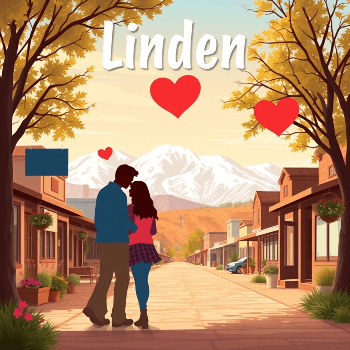 A small-town scene in Linden, Arizona, featuring the White Mountains, a couple enjoying a picnic, and hearts symbolizing love, all in warm, invitin...