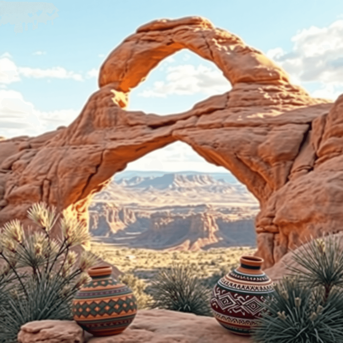 A scenic view of Window Rock arch in Arizona, framed by natural landscapes and adorned with traditional patterns and pottery, reflecting community ...