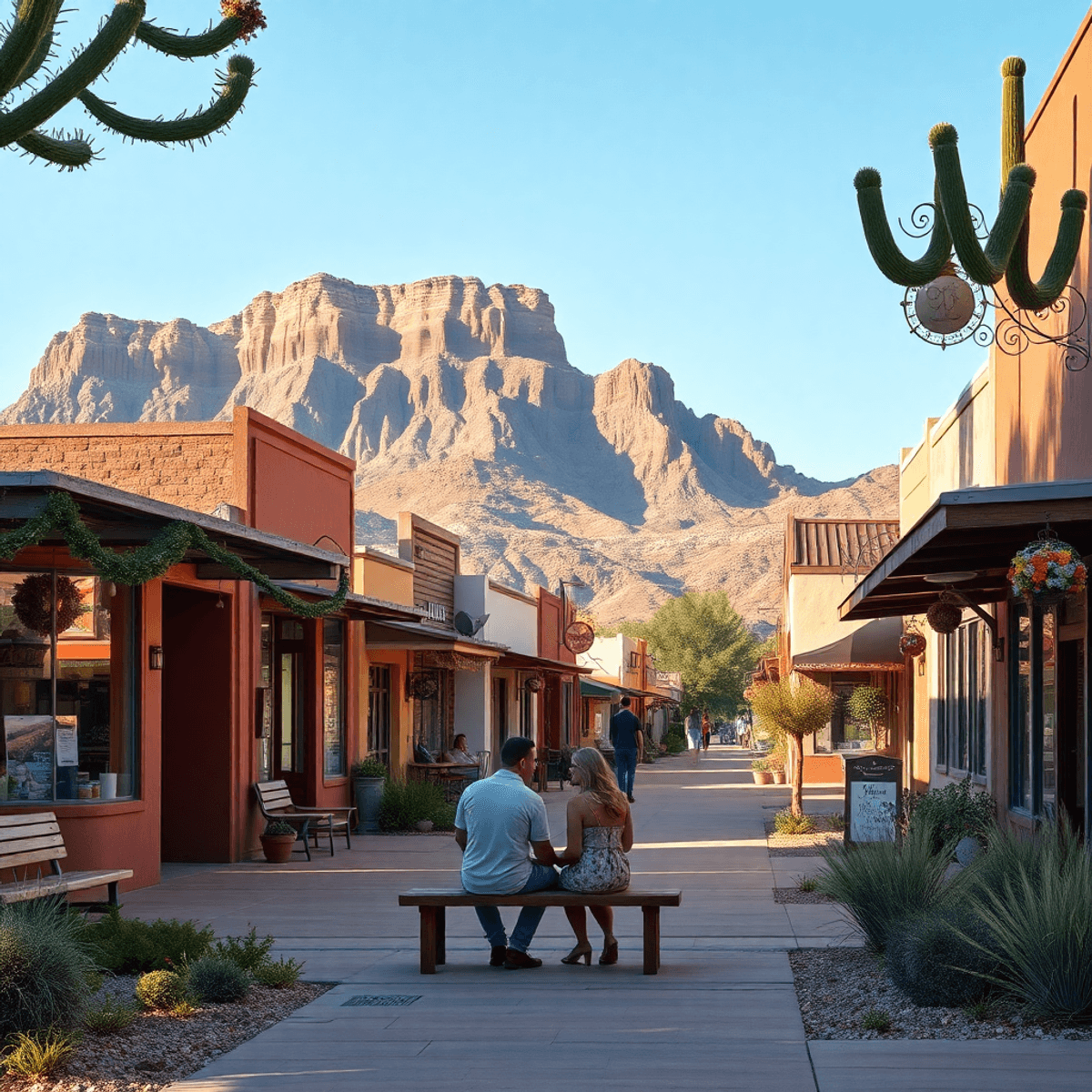A small-town street in Bagdad, Arizona, with charming shops and outdoor spaces. A couple strolls nearby, surrounded by desert landscapes and local ...