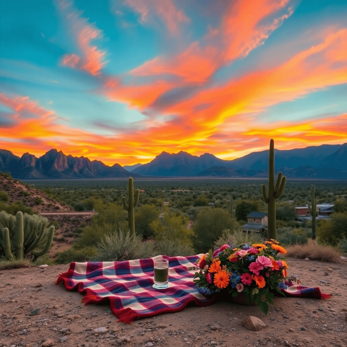 A scenic desert landscape in Avra Valley, Arizona, featuring vibrant sunsets, mountains, and a romantic picnic setup with a blanket and flowers.