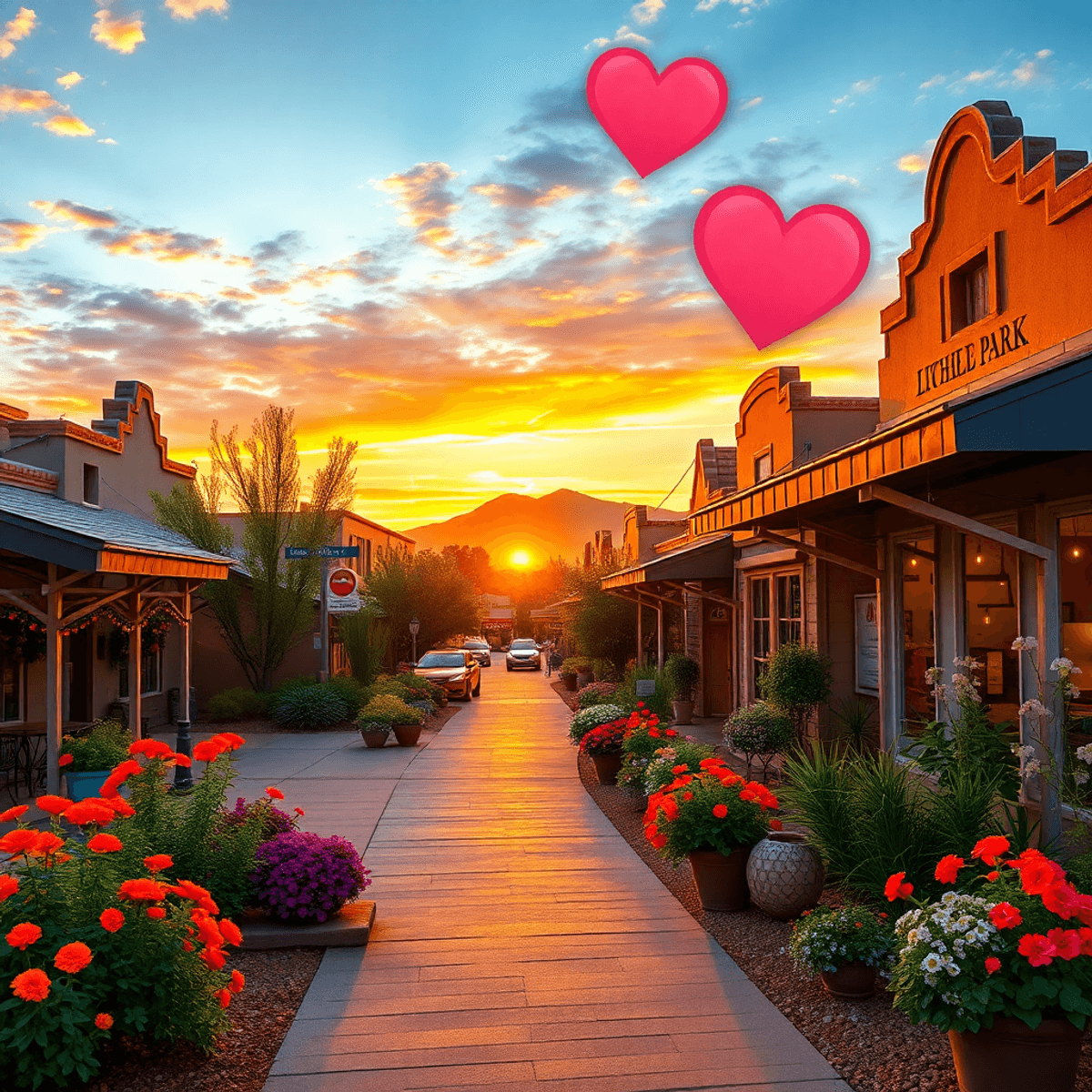 A charming sunset view of Litchfield Park, Arizona, featuring quaint streets, colorful flowers, and subtle heart-shaped elements symbolizing modern...