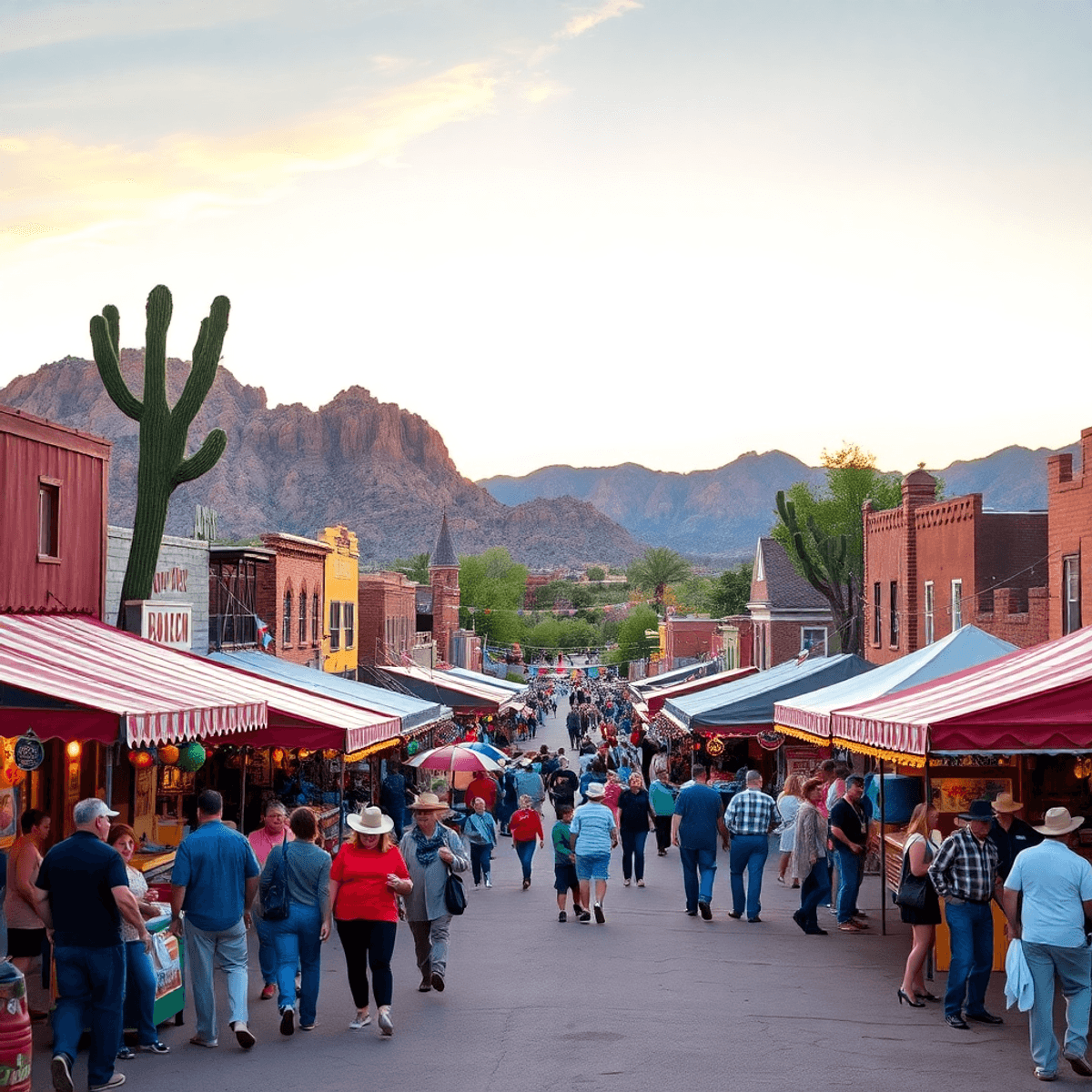 A vibrant small town festival in the Arizona desert, featuring colorful decorations, cowboy hats, local vendors, and festive lights under a warm su...