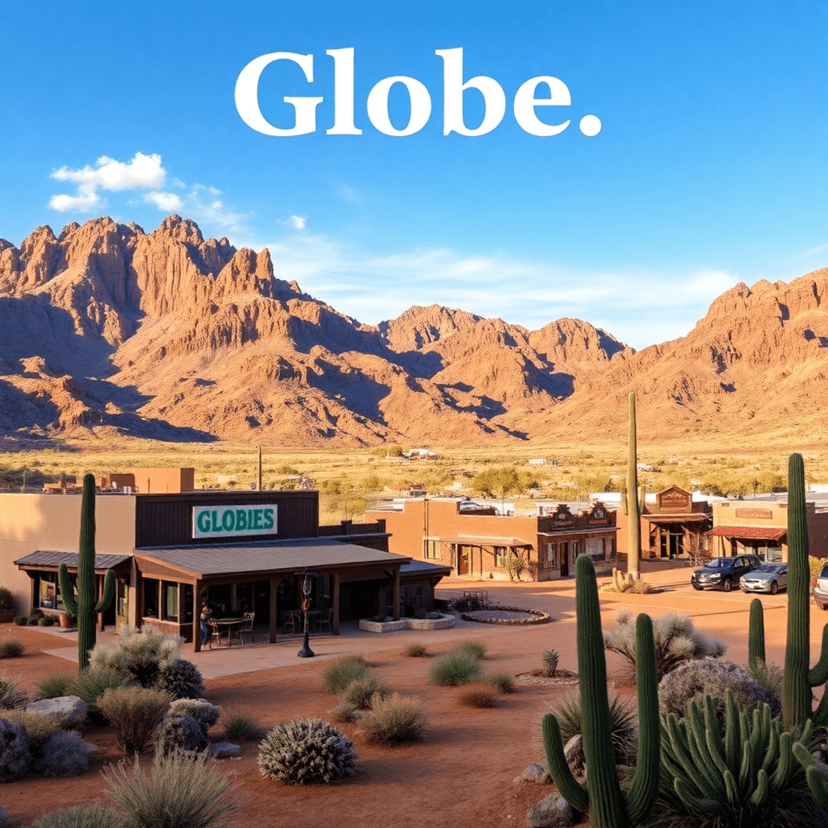 A scenic desert landscape with rugged mountains, a clear blue sky, cacti, and a cozy local cafe in Globe, Arizona, highlighting hiking trails and a...