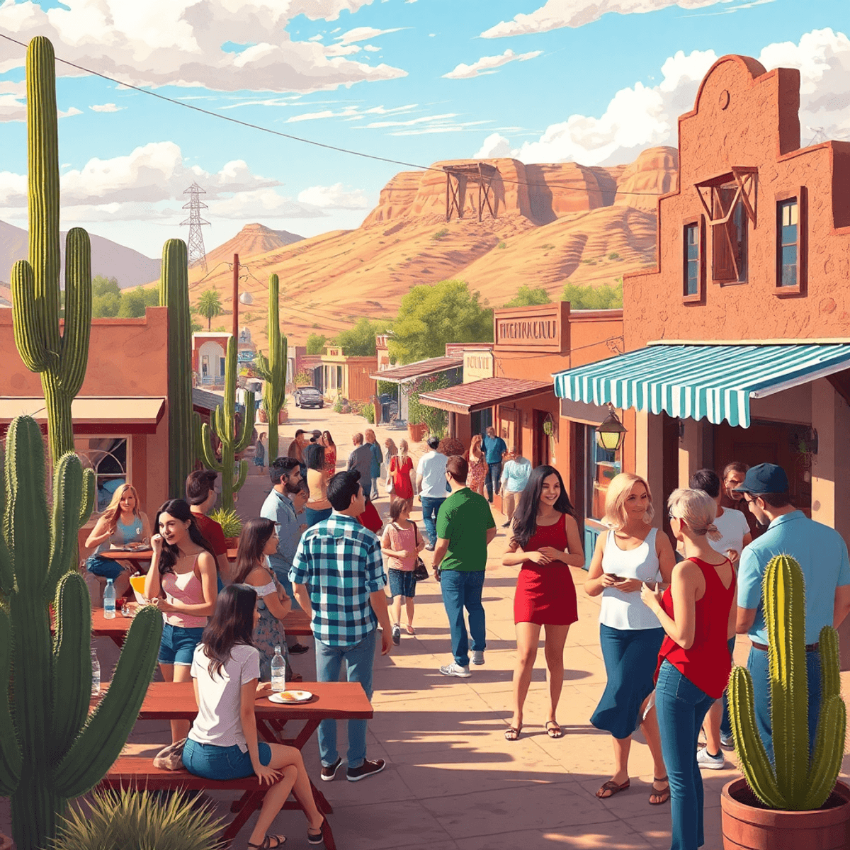 A lively outdoor scene in Arizona City with cacti, people engaging in conversation at a community event, and hints of modern technology for online ...