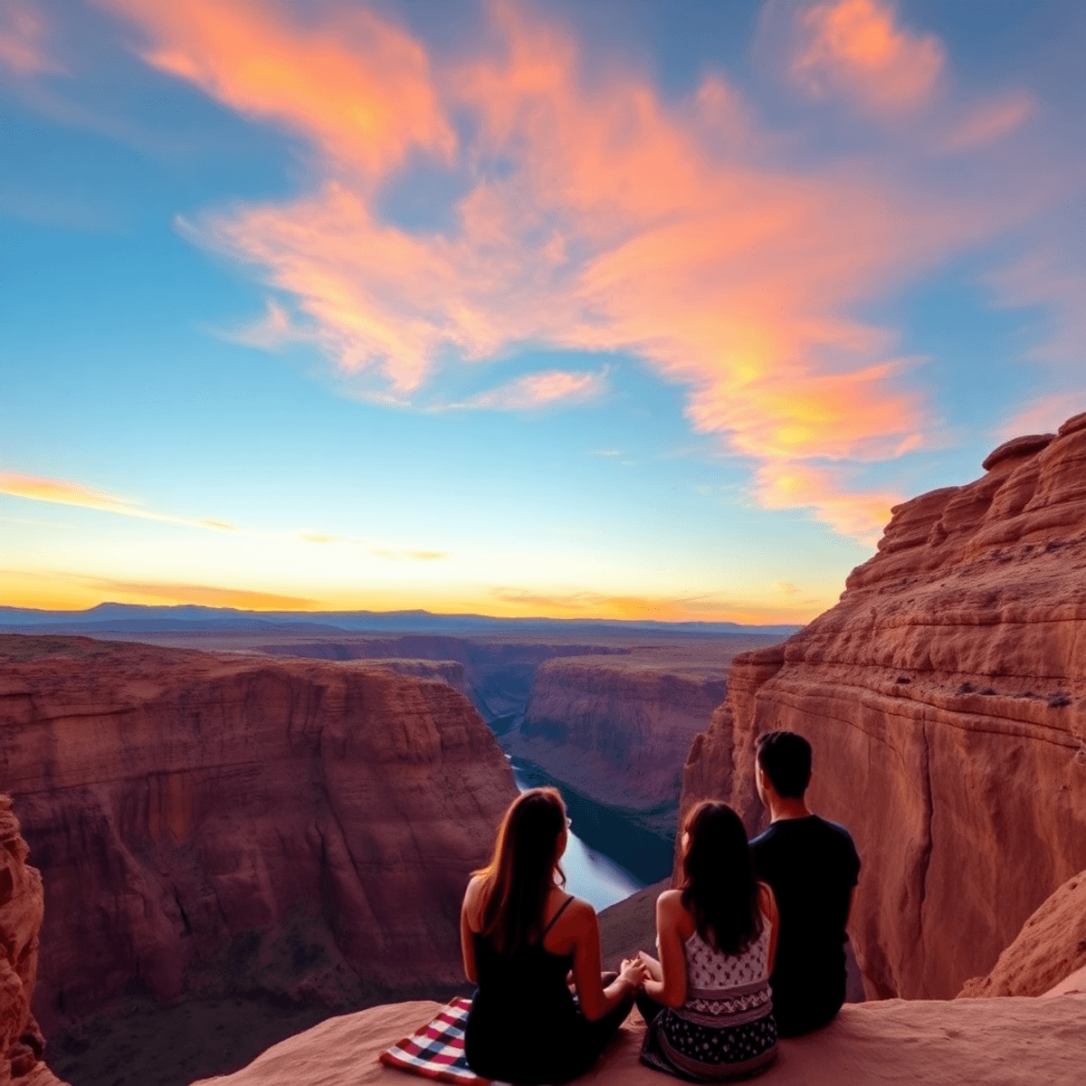 A stunning sunset over Horseshoe Bend, with vibrant red rock formations and a serene river, featuring two silhouettes enjoying a romantic picnic.