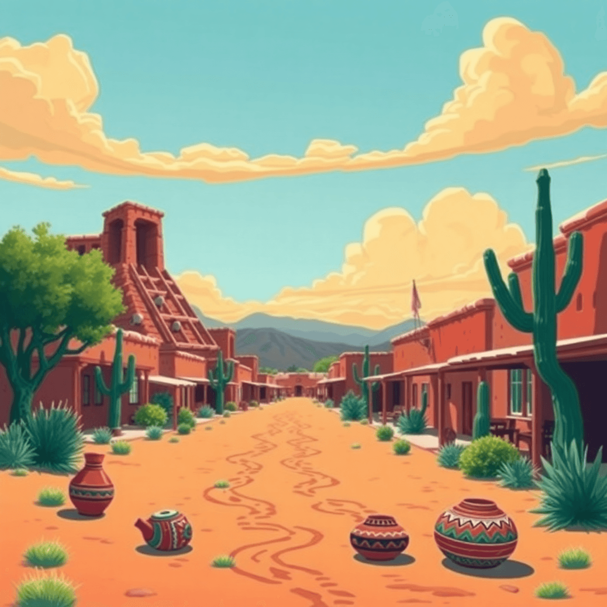 A vibrant landscape of Tuba City, Arizona, showcasing Dinosaur Tracks and traditional pottery in the foreground, blending community, culture, and n...