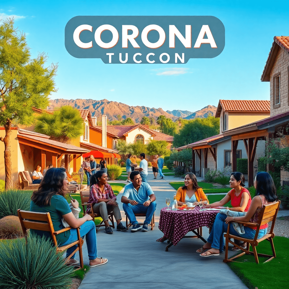 A lively suburban neighborhood in Corona de Tucson, Arizona, with people enjoying picnics and gatherings in parks, surrounded by beautiful desert l...