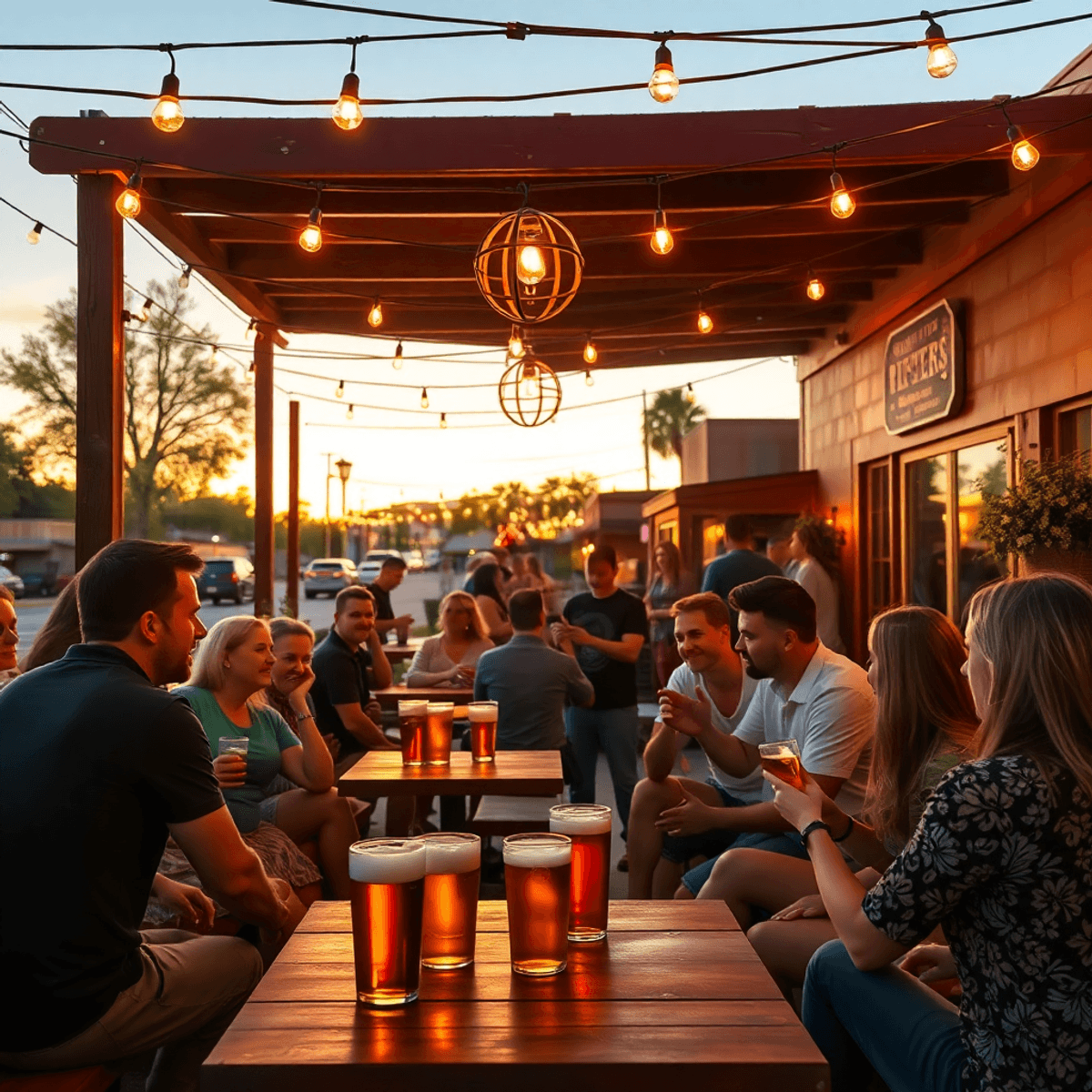 A lively outdoor dating event in Tolleson, Arizona, with singles mingling over craft beers under string lights, enjoying conversations in a warm su...