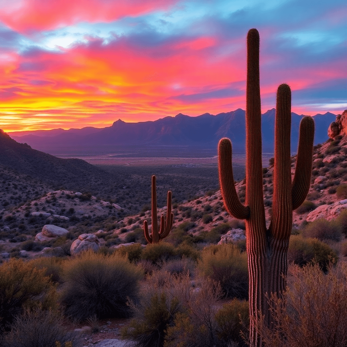 A vibrant desert landscape in Picture Rocks, Arizona, showcasing a colorful sunset, saguaro cacti, and hiking trails that evoke adventure and natur...