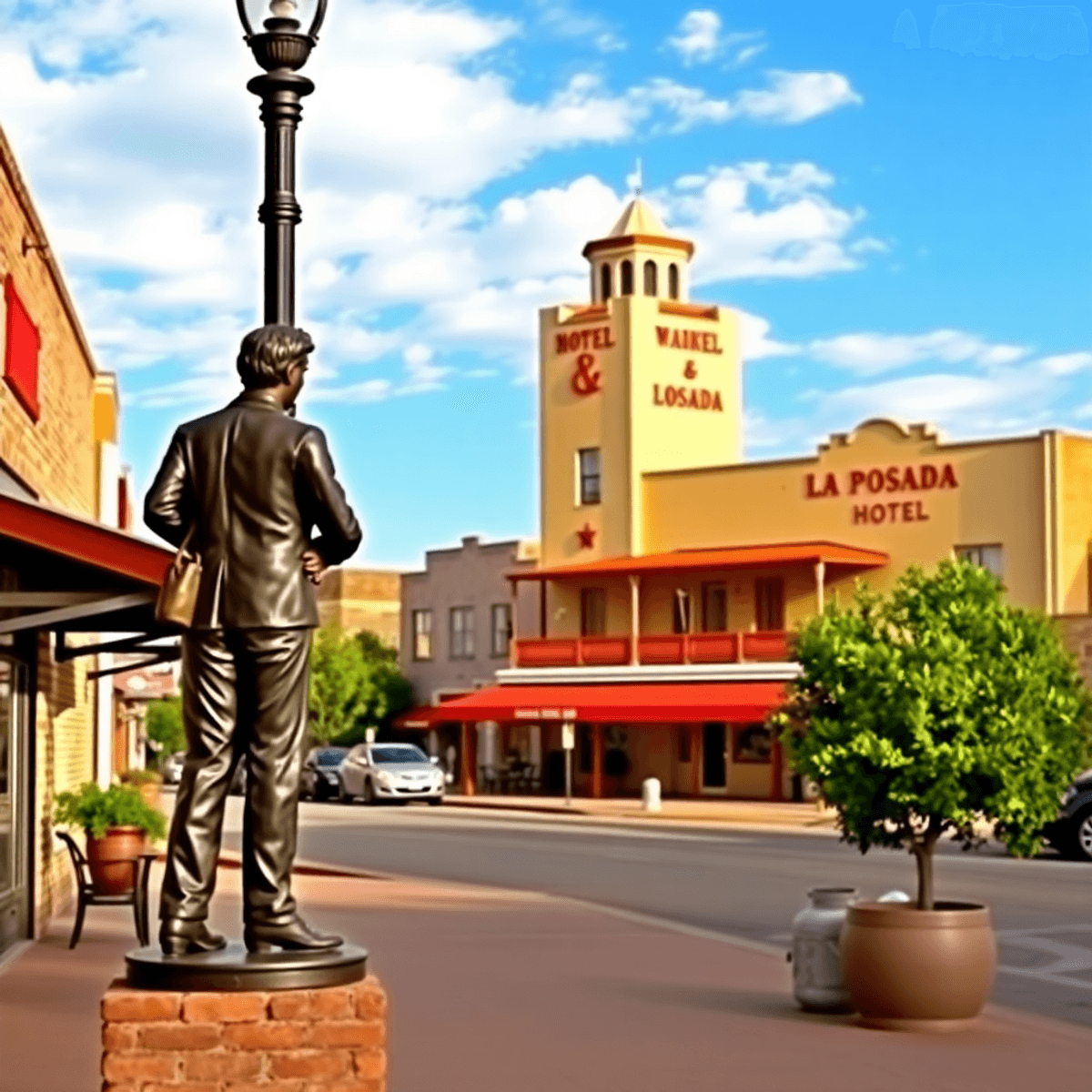 A scenic view of Winslow, Arizona, showcasing the "Standin' On The Corner" statue with La Posada Hotel in the background under a clear blue sky.