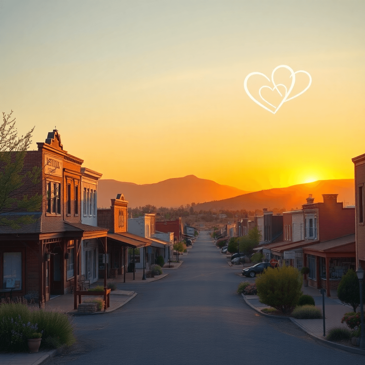 A scenic small-town landscape in Eagar, Arizona, with charming architecture and a warm sunset, featuring intertwined hearts and a digital overlay s...