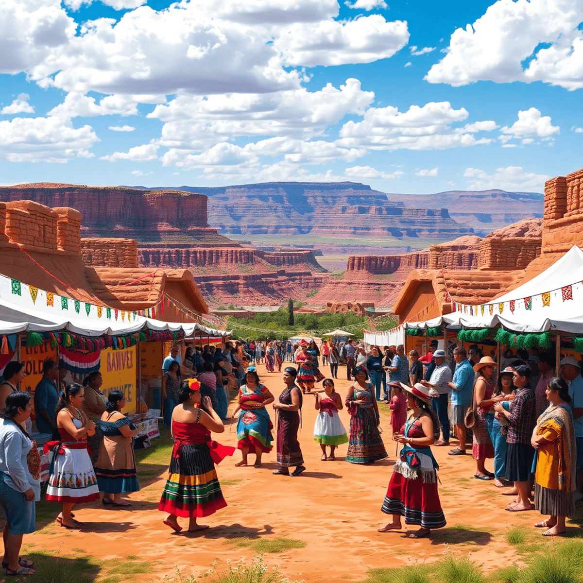 A lively Navajo festival in Chinle, Arizona, featuring traditional dances, colorful decorations, local crafts, and the scenic backdrop of Canyon de...