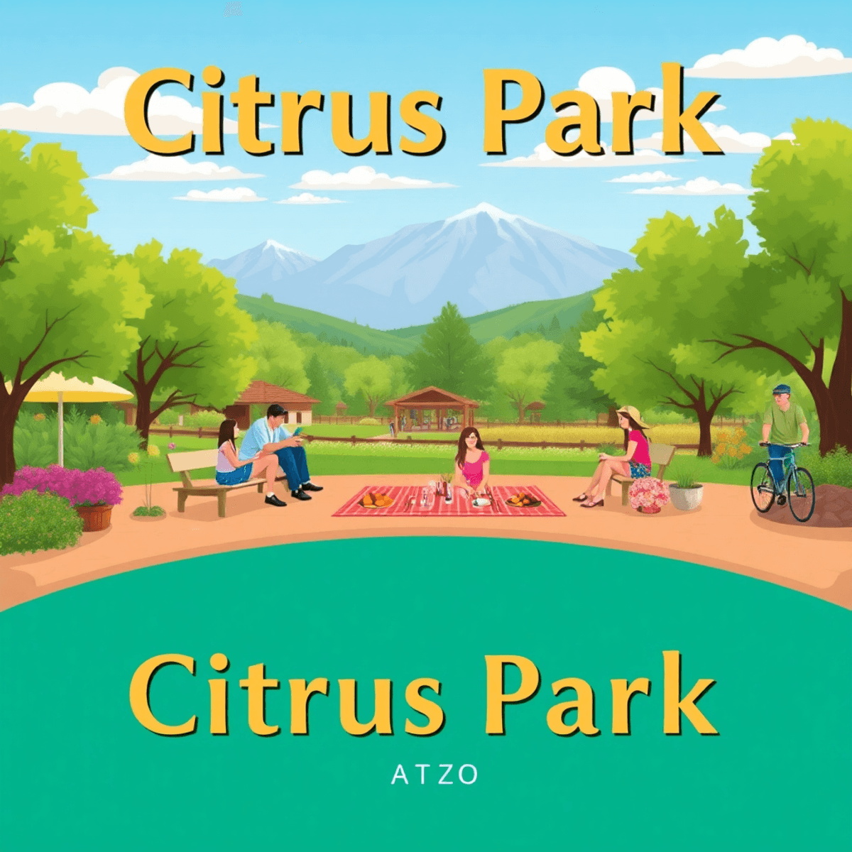 A scenic view of Citrus Park, Arizona, showcasing lush greenery and mountains, with a picnic setup and people hiking and biking, exuding warmth and...