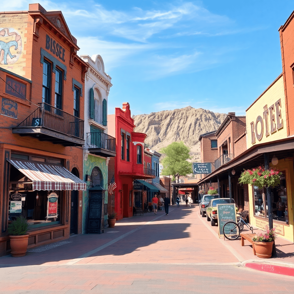 A vibrant street in Bisbee, Arizona, showcasing colorful Victorian buildings, artistic murals, a cozy coffee shop, and an inviting art gallery, exu...