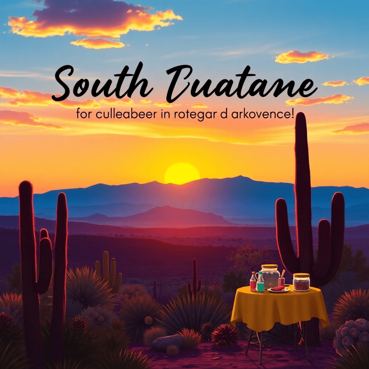 A stunning sunset over Saguaro National Park, with silhouetted cacti in the foreground and a small table displaying art supplies and traditional So...