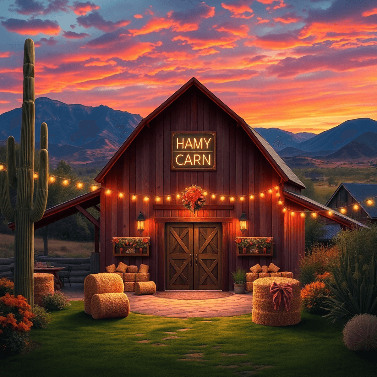A charming barn amidst scenic Arizona landscapes, adorned with hay bales and twinkling fairy lights, creating a festive and inviting atmosphere.