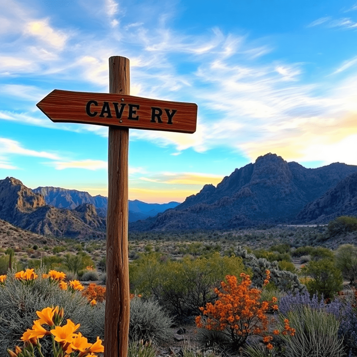 A stunning sunset over the rugged mountains of the Sonoran Desert in Cave Creek, Arizona, with vibrant flora and a rustic wooden signpost for hikin...