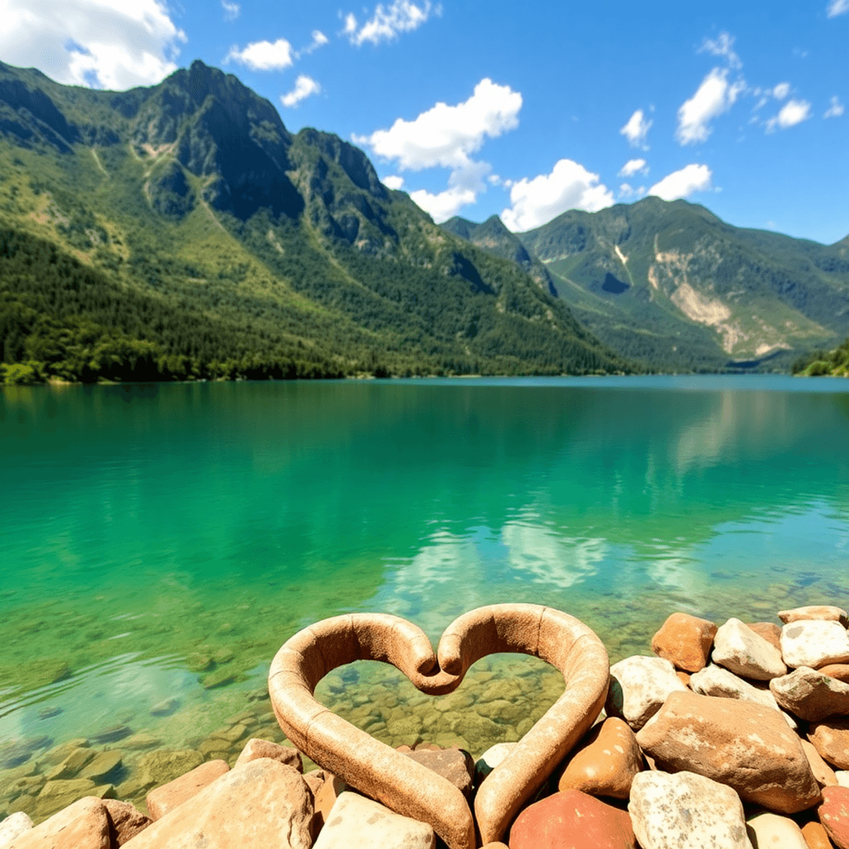 A serene view of Lake Montezuma with lush greenery and mountains, featuring heart-shaped stones in the foreground and a couple's silhouette enjoyin...