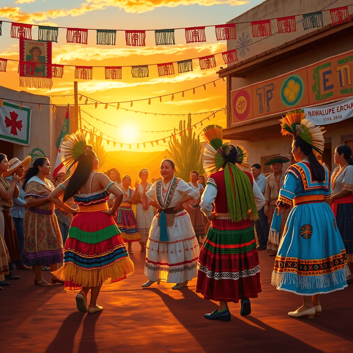 A lively traditional dance performance with colorful costumes, set against a warm sunset. Decorative banners and cultural symbols enhance the festi...