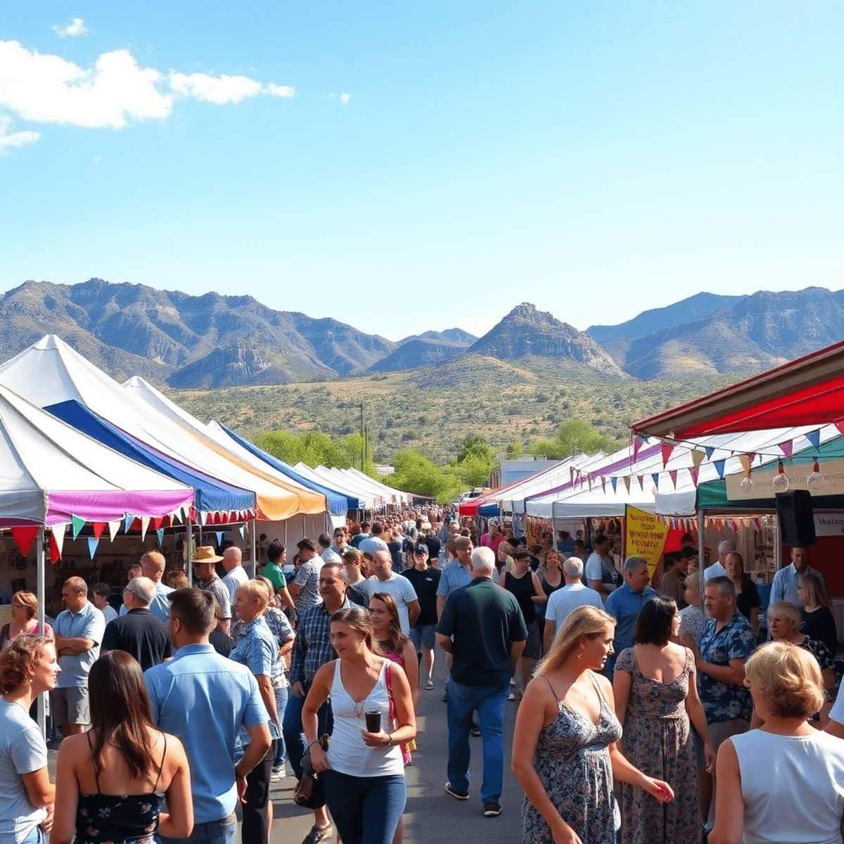 A vibrant outdoor festival in Benson, Arizona, with colorful tents and decorations, people enjoying local wines and live music amidst beautiful nat...