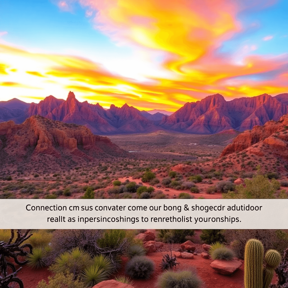 A vibrant sunset over the Superstition Mountains, highlighting desert trails for hiking and biking, with picnic setups and local event banners, evo...