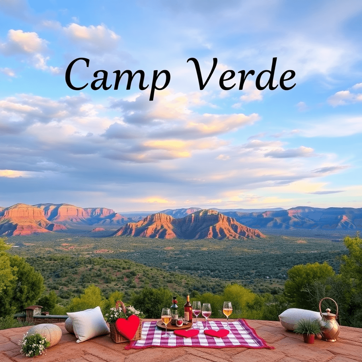 A vibrant landscape of Camp Verde, Arizona, with heart-shaped decorations and a picnic setup, representing community, connection, and outdoor adven...