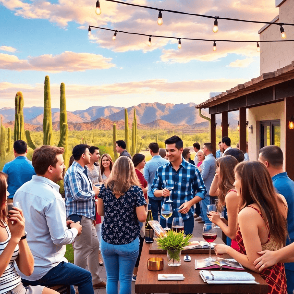 A lively outdoor event in Valencia West, Arizona, showcasing singles mingling with wine glasses, cooking utensils, and books against a scenic Sonor...