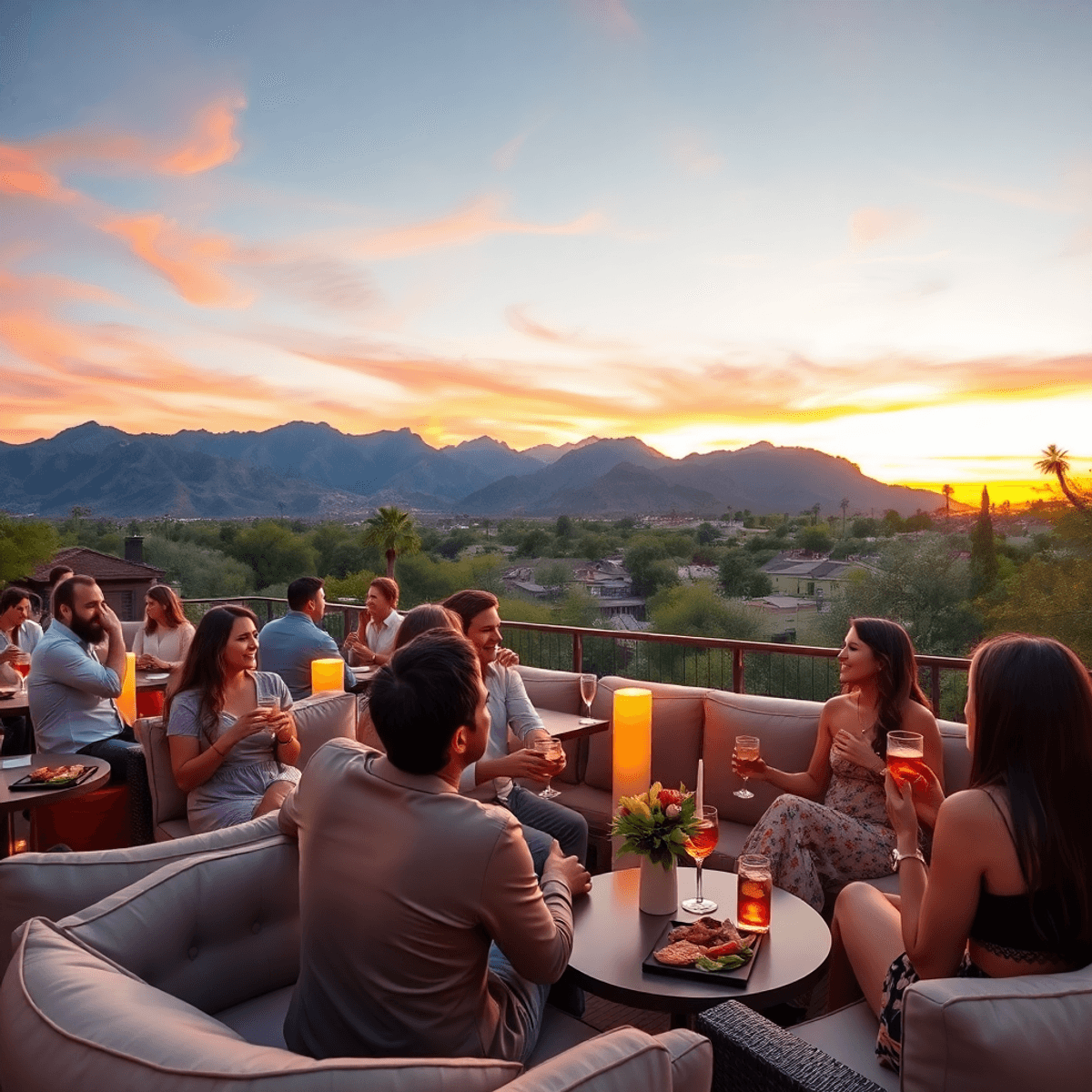 A scenic outdoor gathering in Paradise Valley, Arizona, featuring elegant lounge seating, people laughing and conversing, with mountains and a beau...