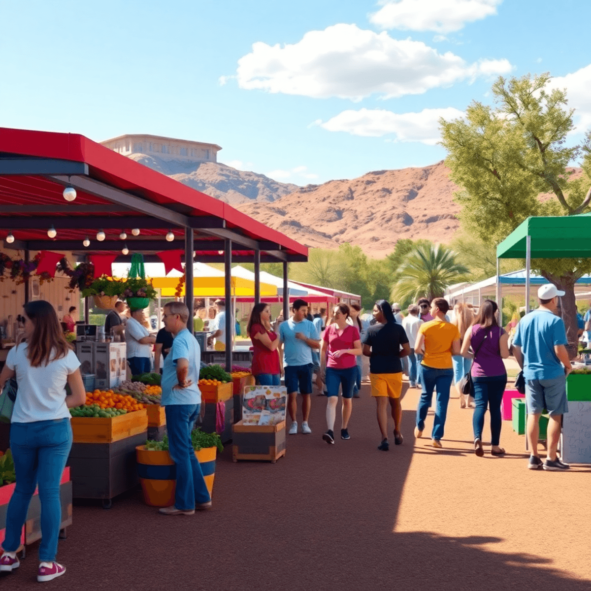 A lively farmers' market in Fort Mohave, Arizona, with colorful stalls and people chatting, set against a warm desert landscape, highlighting commu...