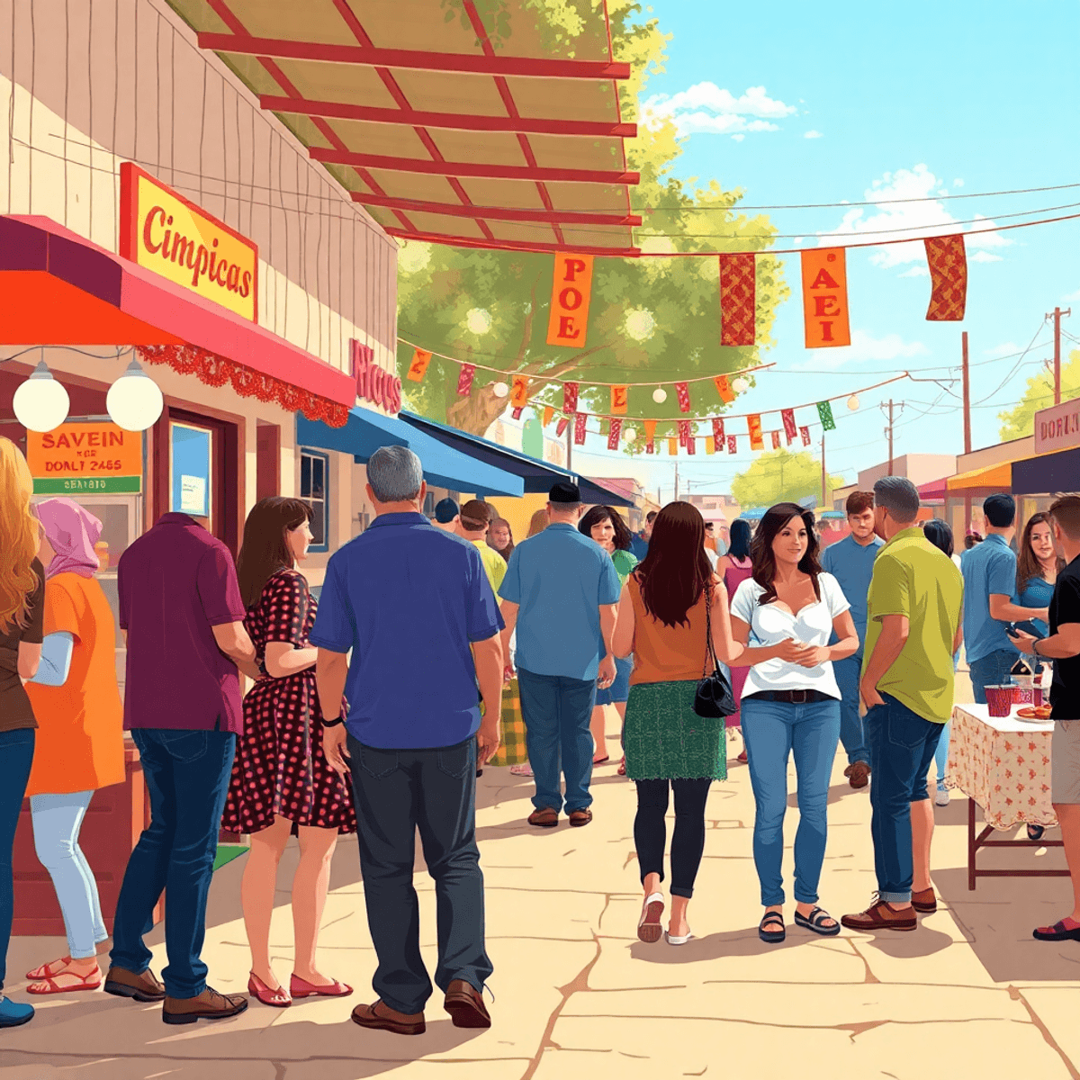 A lively small-town community event with colorful decorations, food stalls, and groups of friends mingling, creating a warm and inviting atmosphere...