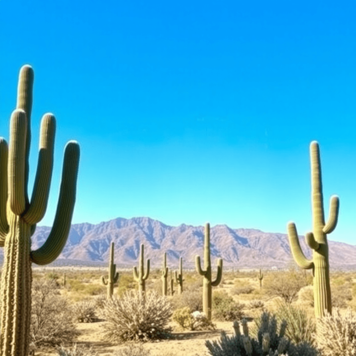 A serene desert landscape with saguaro cacti and the Rincon Mountains under a clear blue sky, capturing the beauty of Tanque Verde, Arizona.