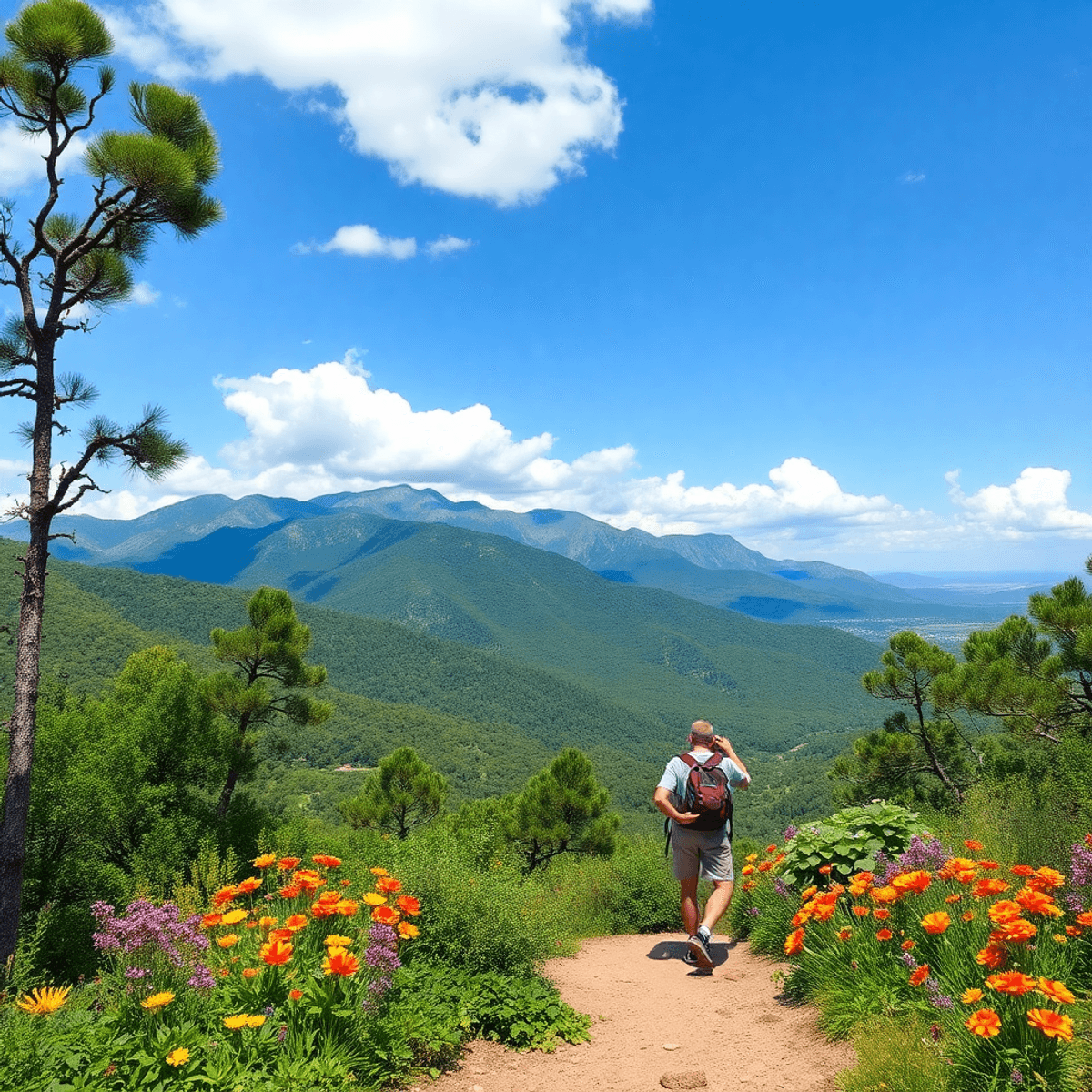 A couple hikes on a lush trail in the Huachuca Mountains, surrounded by vibrant wildflowers and greenery, evoking a sense of adventure in nature.